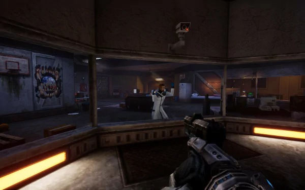 HD desktop wallpaper featuring an in-game scene from Phantom Fury, with a character holding a weapon inside a dimly lit room with orange glowing accents.
