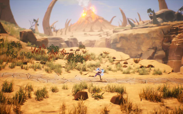 HD desktop wallpaper from the video game Tales Of Kenzera: Zau, featuring a character running through a desert landscape with large bones and an explosion in the background.