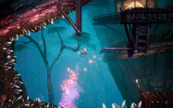 HD wallpaper from the video game 'Tales Of Kenzera: Zau' featuring a mystical forest environment with a character navigating through vibrant flora and precarious platforms.