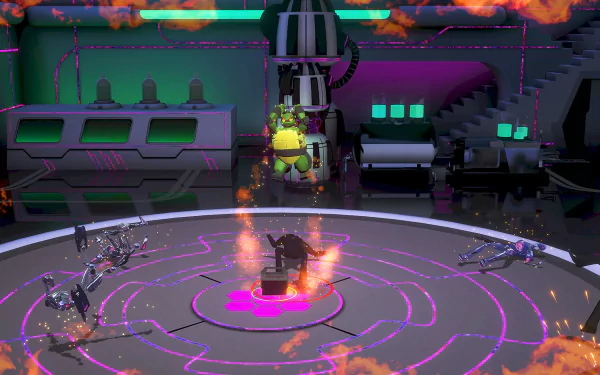 HD wallpaper from the video game Teenage Mutant Ninja Turtles Arcade: Wrath of the Mutants featuring a scene with robotic enemies in a high-tech lair with purple lighting and fiery effects.