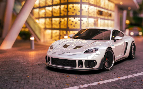 A Rezvani Retro RR1 sports car parked on a city street at dusk with a modern building in the background. This is an HD desktop wallpaper.