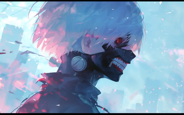 HD desktop wallpaper featuring a stylized depiction of Ken Kaneki from Tokyo Ghoul with a red eye and a mask against a blue-toned background.