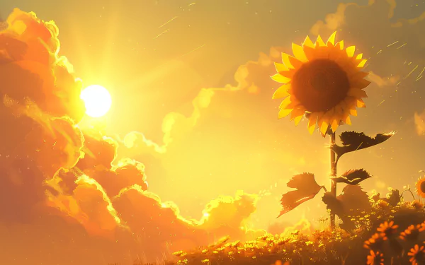 A high-definition desktop wallpaper featuring a radiant sunbeam filtering through clouds, illuminating a vibrant sunflower against a warm, golden sky.
