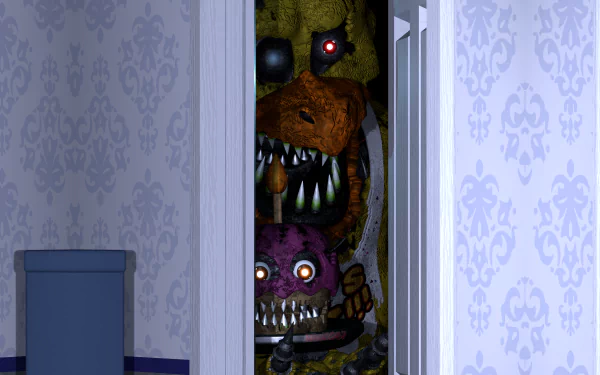 4K Ultra HD Five Nights at Freddy's 4 PC desktop wallpaper featuring creepy animatronics peering through a slightly open door in a dimly lit room.