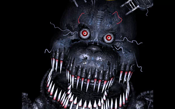 4K Ultra HD PC desktop wallpaper featuring a menacing animatronic from Five Nights at Freddy's 4 with sharp teeth and glowing red eyes in a dark setting.