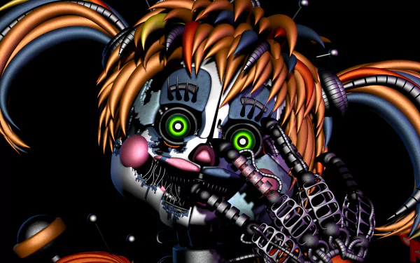 Close-up 4K Ultra HD wallpaper of a detailed animatronic from Freddy Fazbear's Pizzeria Simulator, part of the Five Nights at Freddy's series.