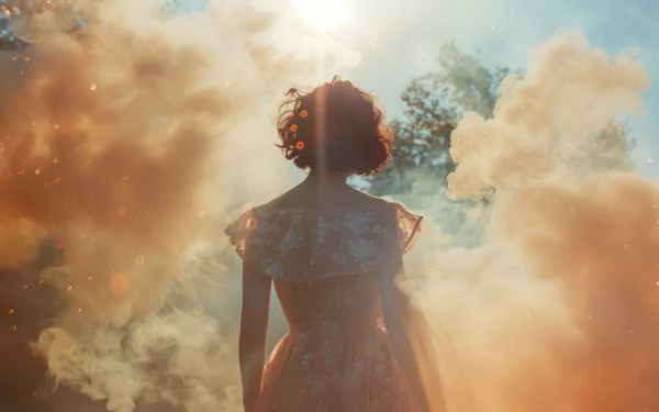 A woman in a summer dress standing with her back to the camera, surrounded by swirling clouds of smoke or mist, with sunlight filtering through, in a high-definition desktop wallpaper setting.