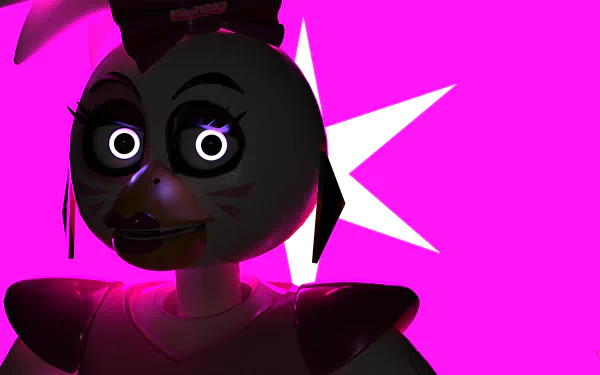 Close-up of an animatronic character from Five Nights at Freddy's: Security Breach against a vibrant pink background, rendered in 4K Ultra HD for PC desktop wallpaper.