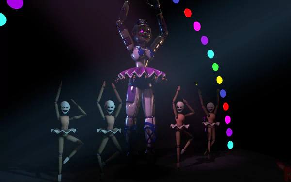 4K Ultra HD wallpaper featuring animatronic ballerinas from Five Nights at Freddy's: Sister Location in a dark, theatrical setting with colorful spotlights.