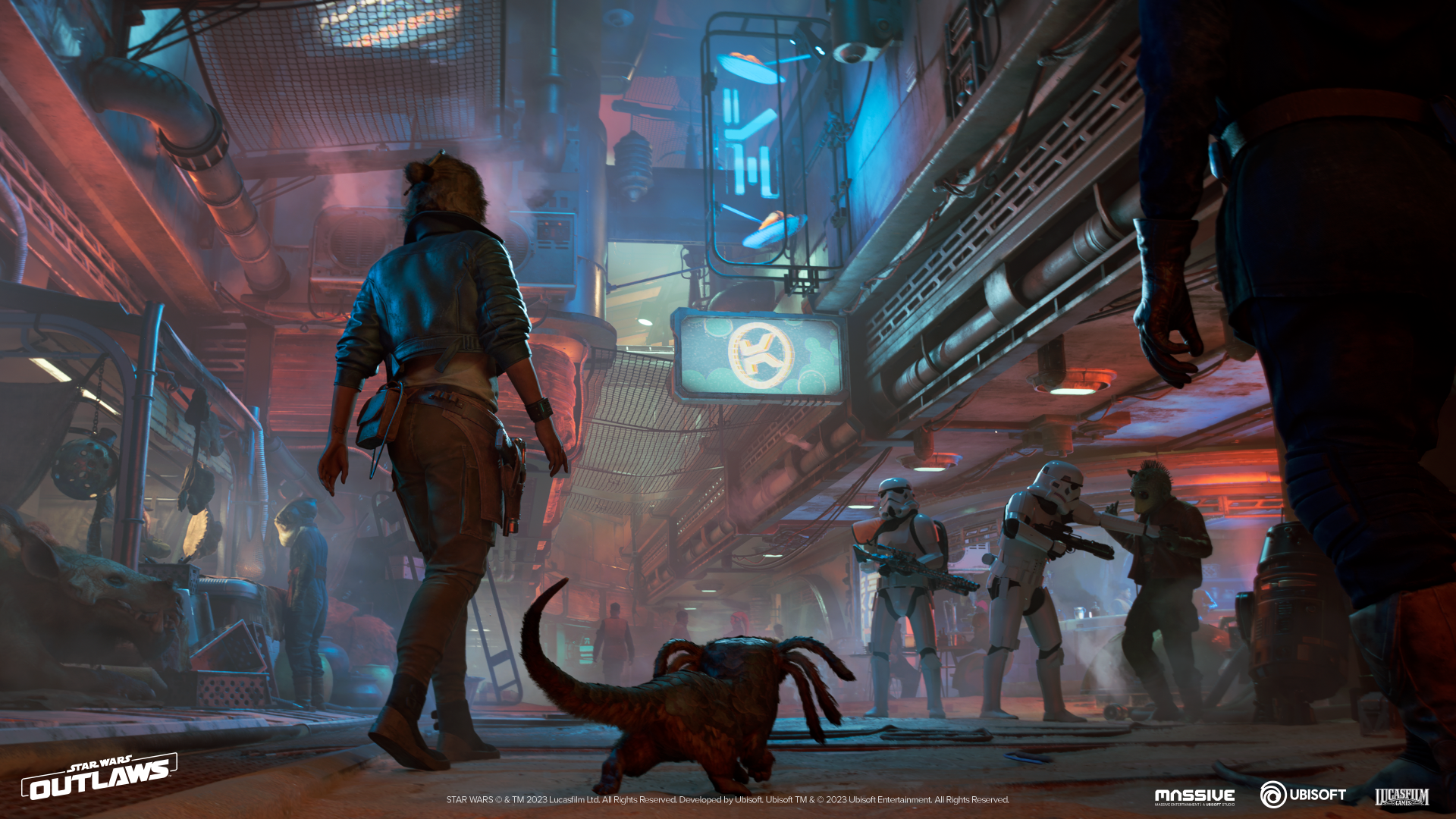 HD desktop wallpaper for the video game Star Wars Outlaws, featuring a scene in a crowded, neon-lit alley with a character facing away, observing Stormtroopers, and various alien species present.