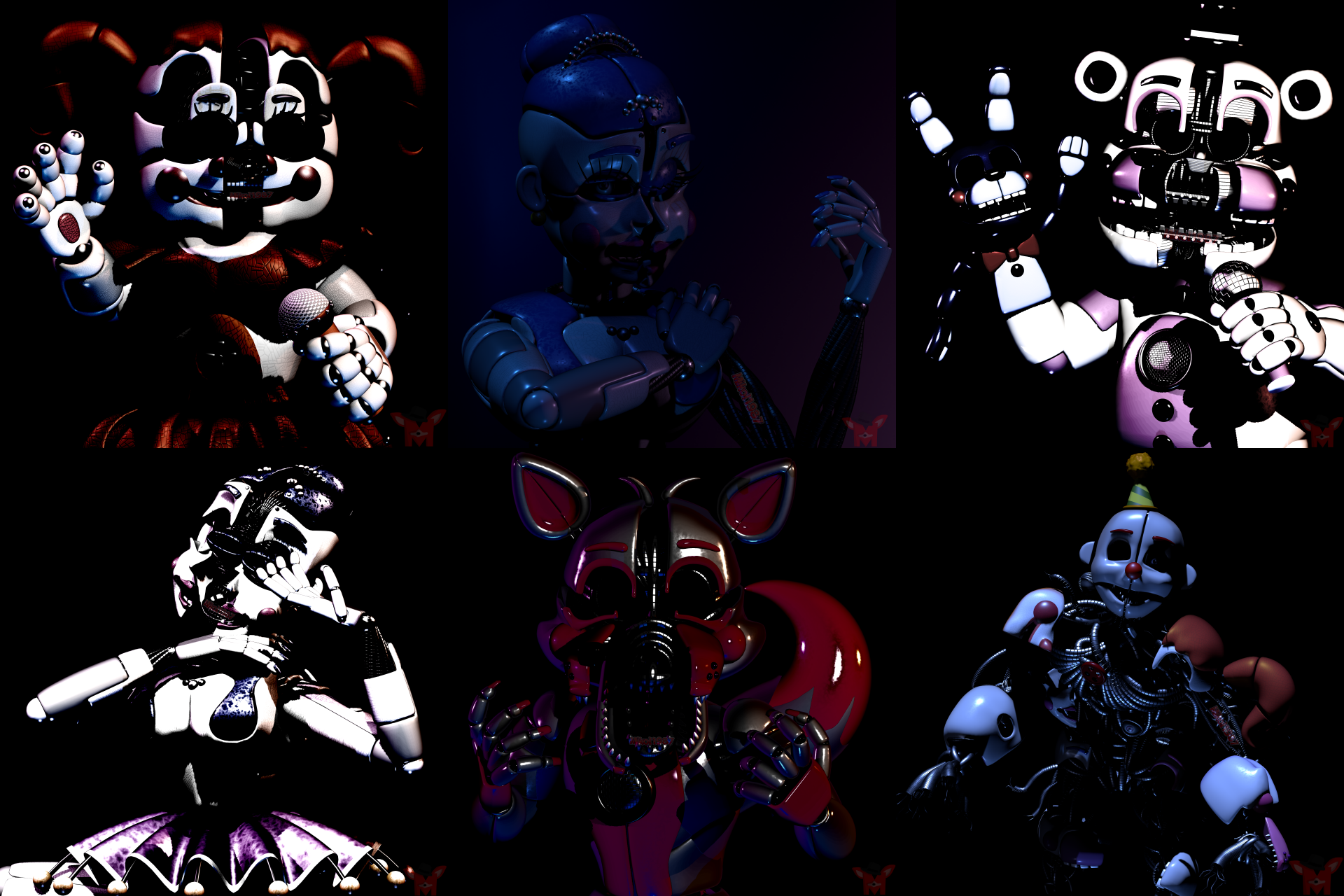 8K Ultra HD PC desktop wallpaper of Ennard and Funtime Freddy from Five Nights at Freddy's: Sister Location — dark, eerie animatronic collage from the video game.