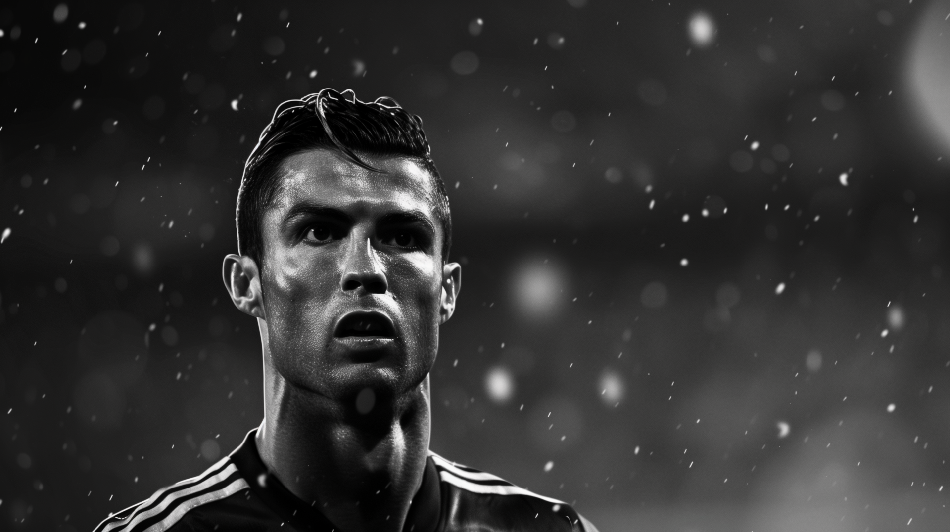 HD black and white desktop wallpaper featuring a soccer player in a focused pose with a bokeh effect in the background.