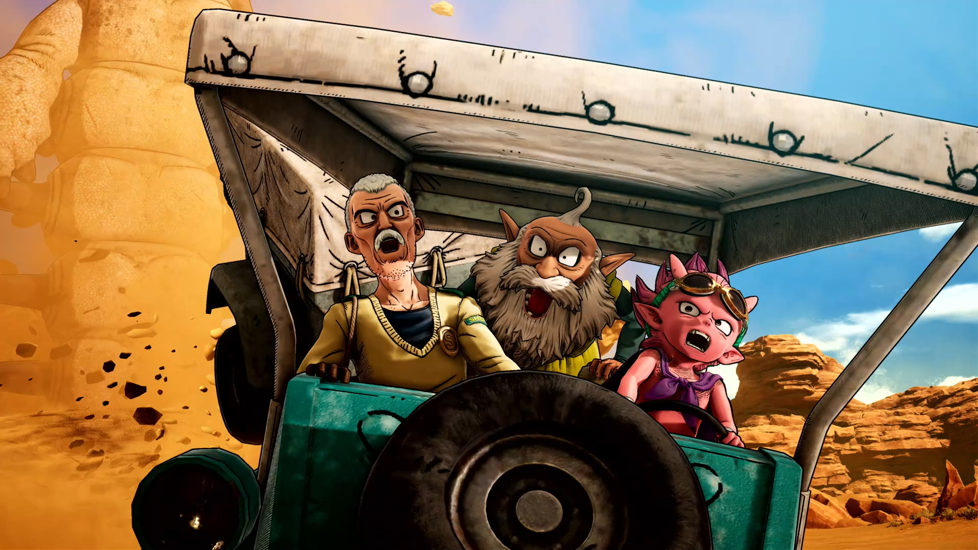 HD desktop wallpaper featuring characters from the video game Sand Land in a vehicle, with a desert backdrop.