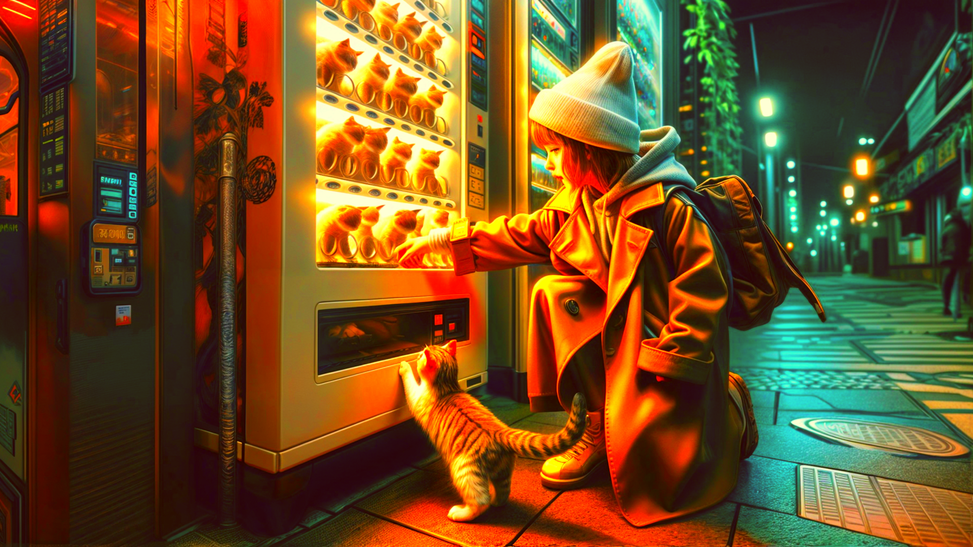 HD PC desktop wallpaper and background: a child in a hooded coat kneels at a glowing vending machine as a cat reaches up on a neon cyberpunk city street.