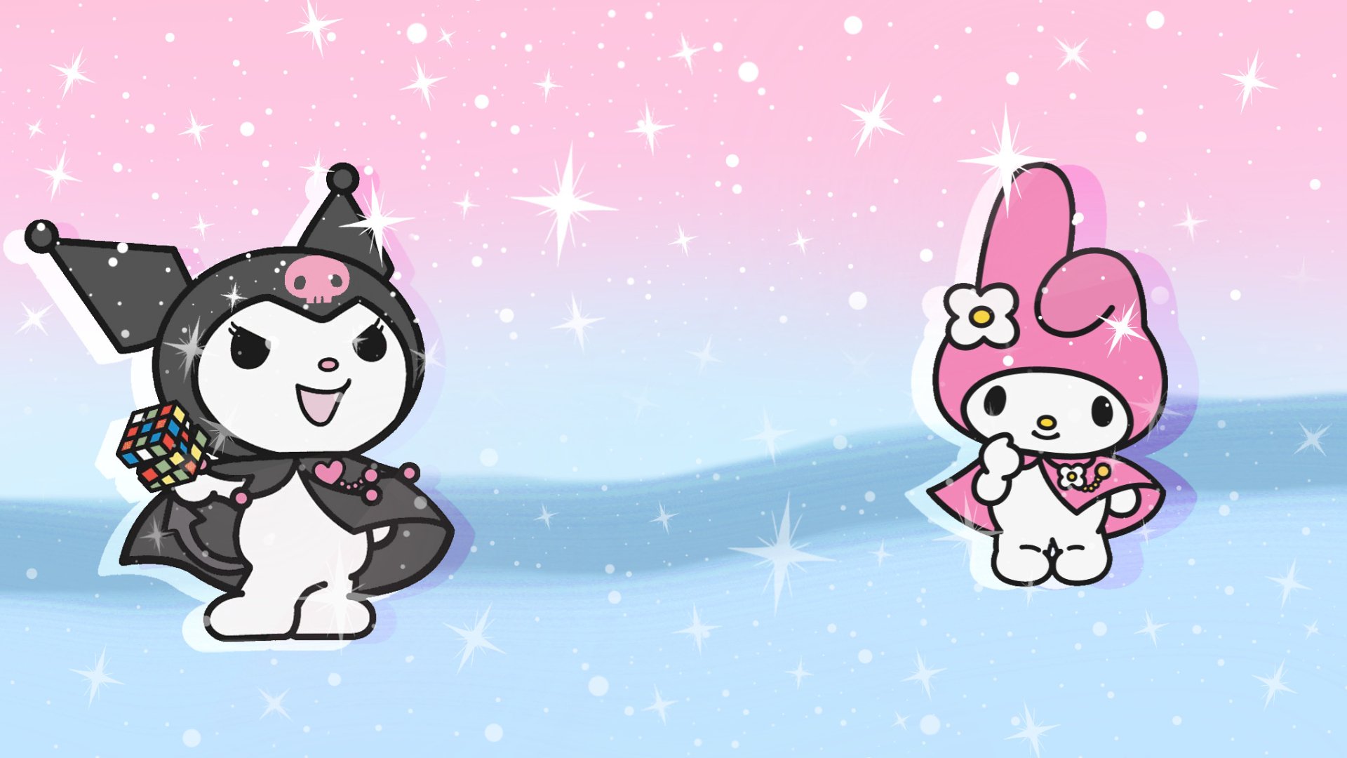 HD desktop wallpaper from Onegai My Melody featuring characters Kuromi and My Melody against a sparkly, snowy backdrop.