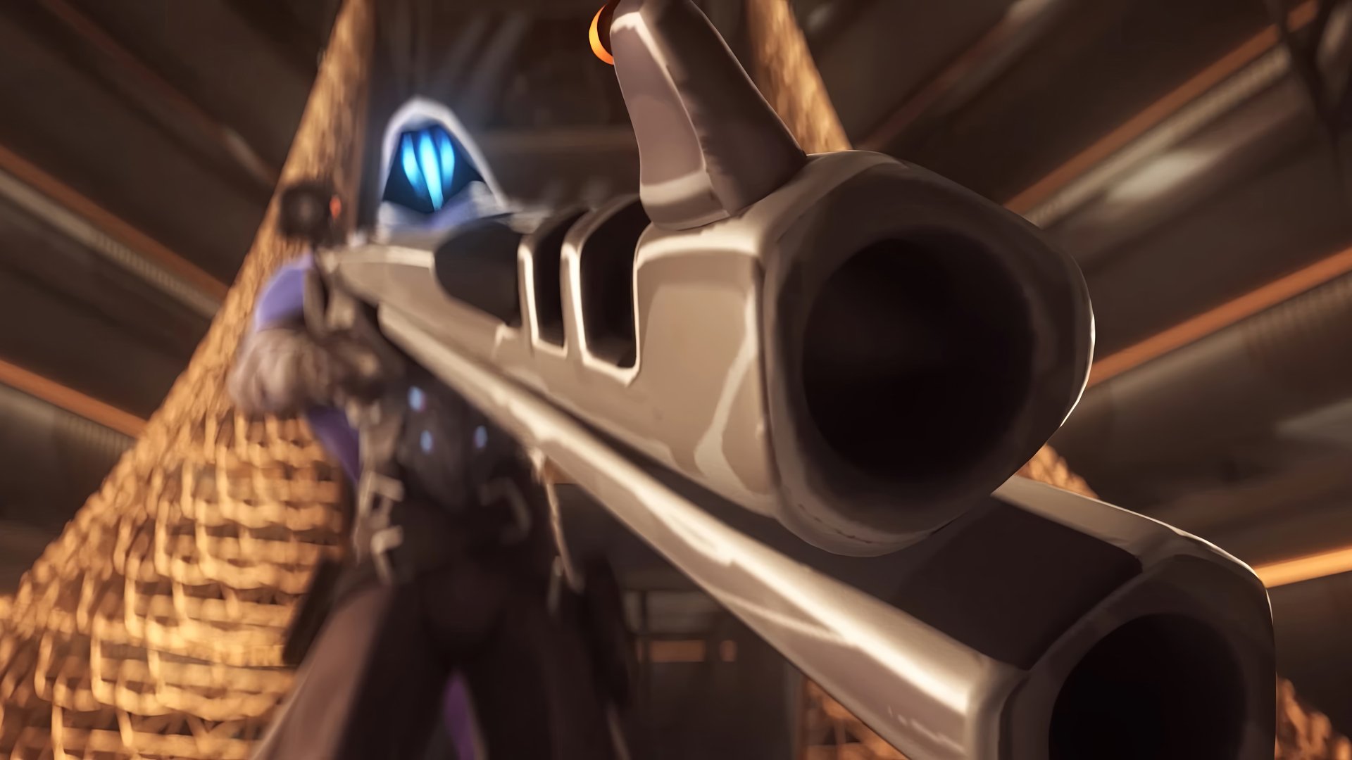HD desktop wallpaper featuring Omen from Valorant, viewed from behind the barrel of a sniper rifle in a dimly lit setting.