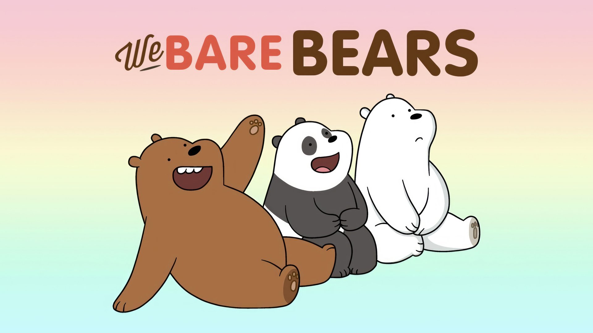 HD desktop wallpaper featuring the main characters from the TV show We Bare Bears sitting together under the show's logo on a soft pastel background.
