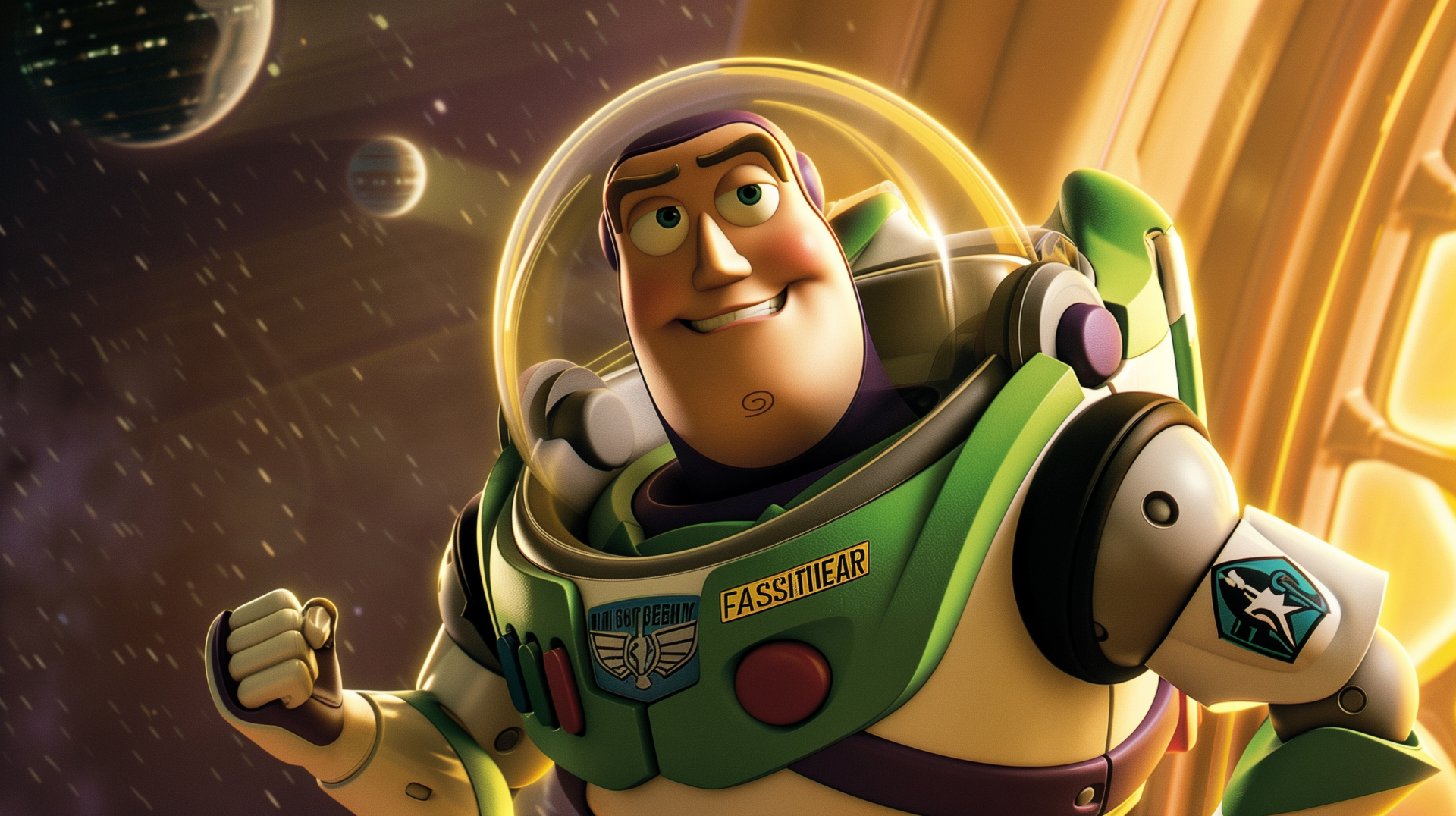 HD desktop wallpaper featuring Buzz Lightyear from Toy Story, smiling and floating in space with a dynamic backdrop.