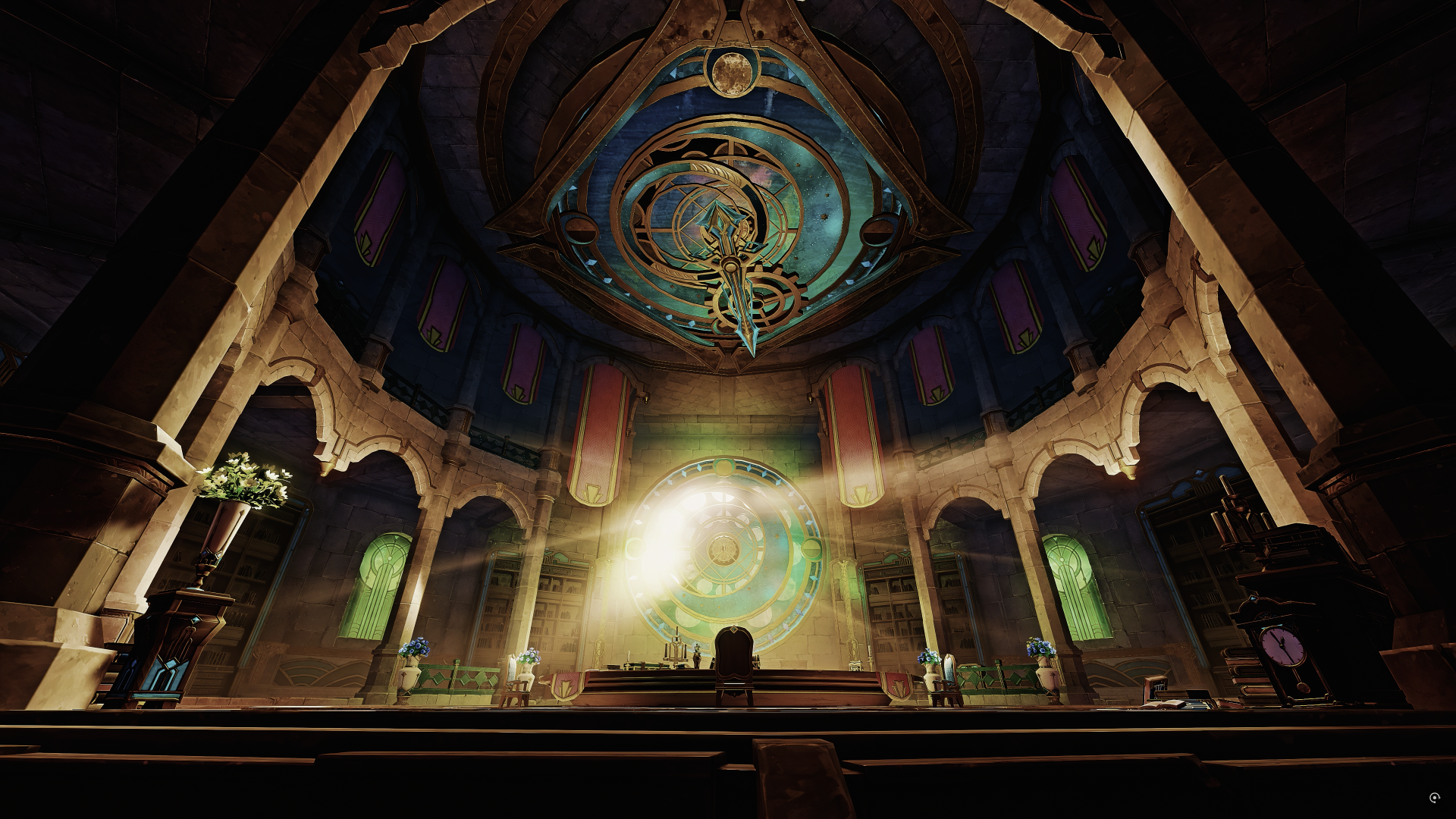 Genshin Impact 4K Ultra HD PC desktop wallpaper featuring a grand, sunlit interior with ornate celestial designs and intricate architecture.