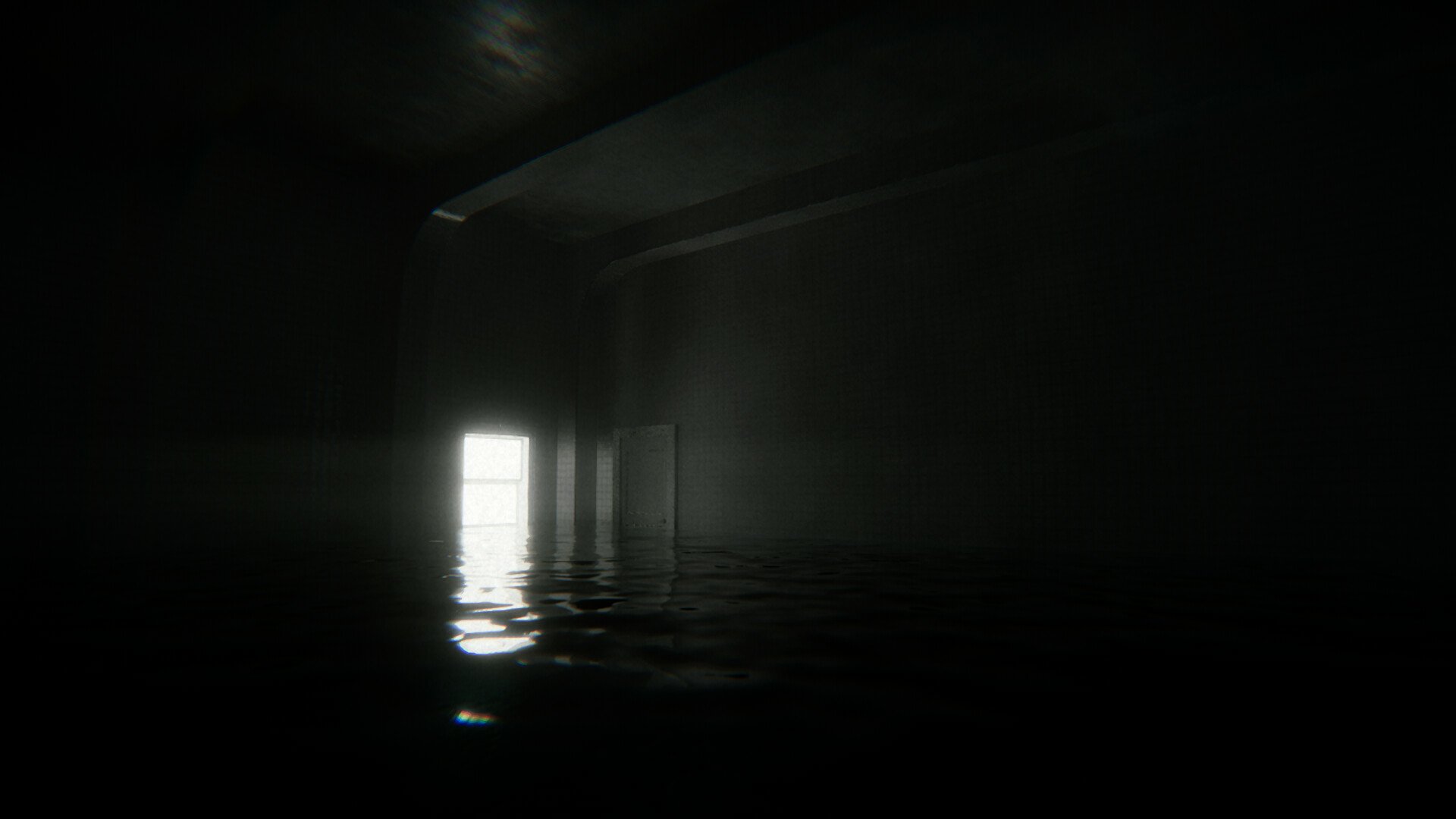 HD desktop wallpaper featuring a dark, atmospheric indoor pool scene from a video game, with light filtering through a door.
