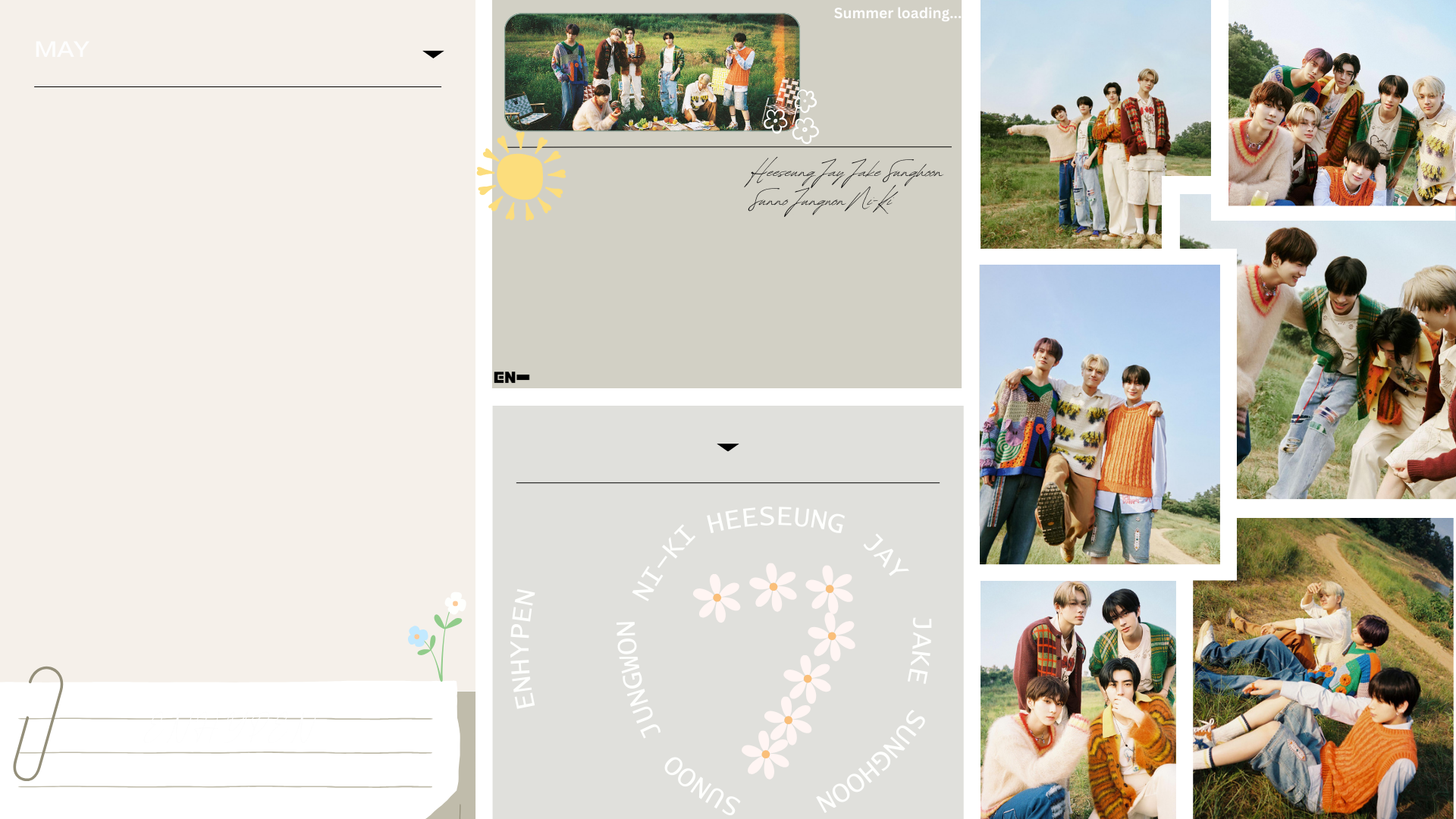 HD PC desktop wallpaper featuring ENHYPEN in various outdoor group photos with a light, nature-inspired background and soft pastel accents.