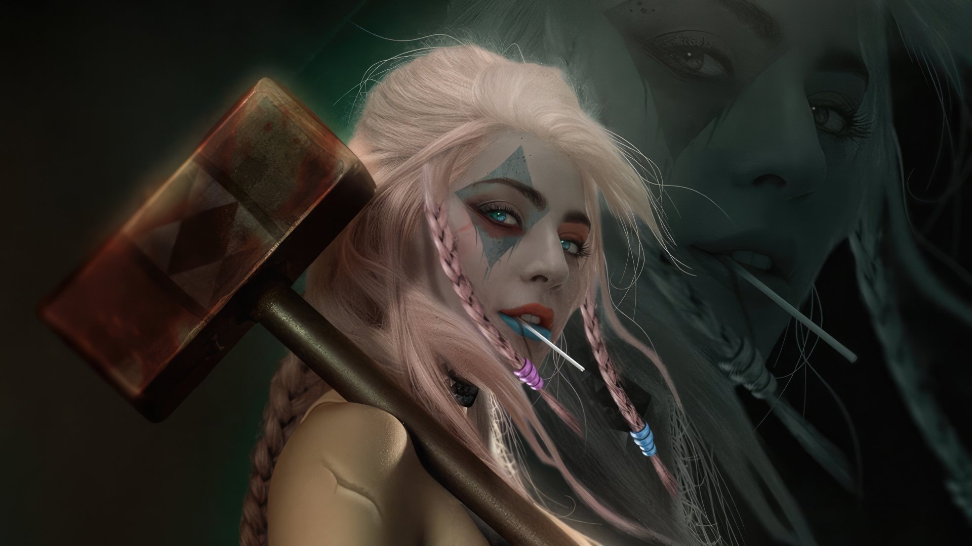 HD wallpaper featuring a dramatic portrayal of Lady Gaga's character from Joker: Folie à Deux, highlighted by a menacing gaze and a large hammer.