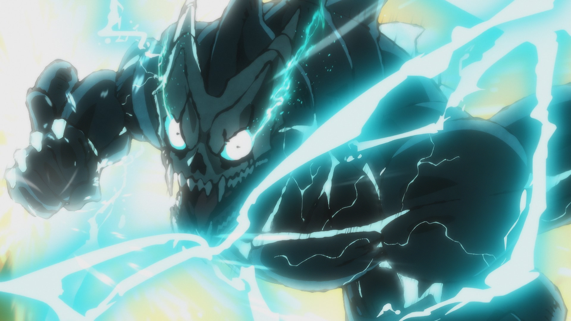 HD wallpaper from Kaiju No. 8 featuring the character Kafka Hibino in his kaiju form, surrounded by dynamic blue energy.