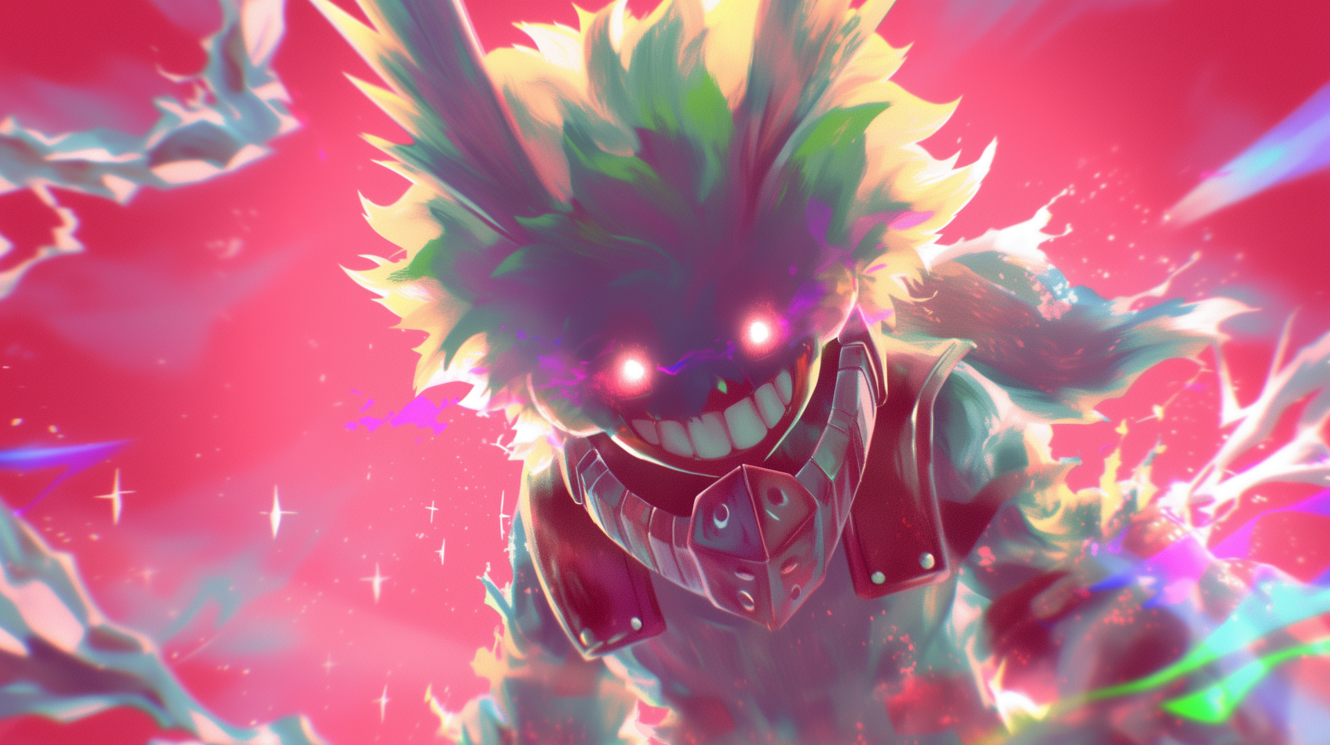 HD desktop wallpaper featuring a vibrant and menacing depiction of Dark Deku from My Hero Academia, with glowing eyes in a dramatic red and pink scene.