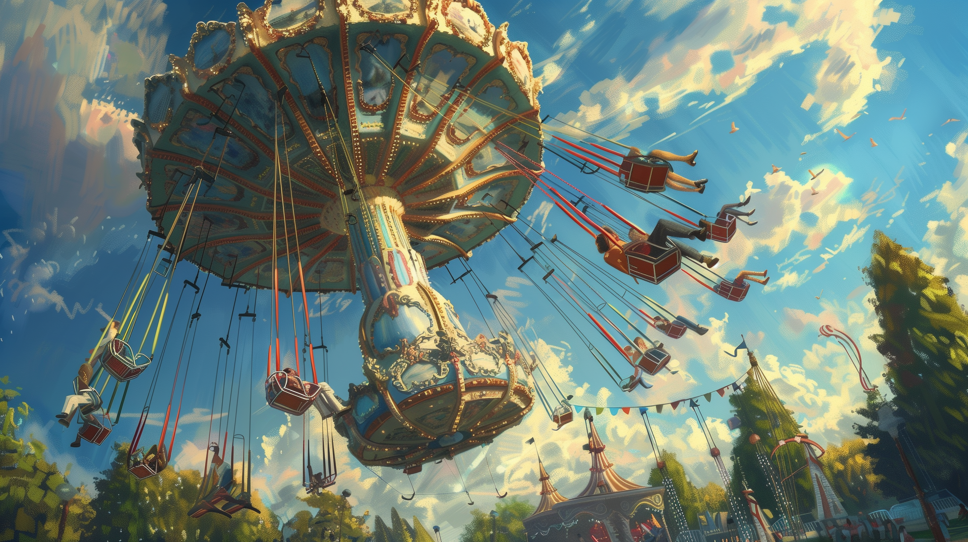 HD wallpaper of a swing ride in motion at an amusement park, with people enjoying the ride under a blue sky dotted with clouds.
