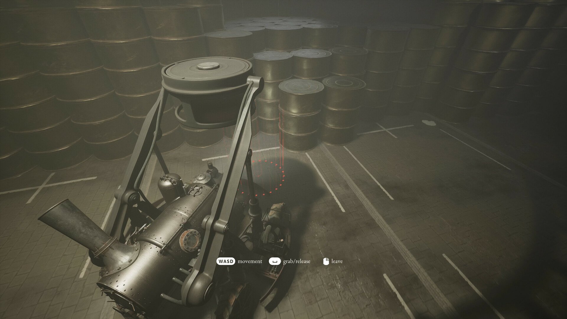 HD desktop wallpaper featuring a dimly lit scene from the video game Indika, showing an industrial setting with machinery and barrels.