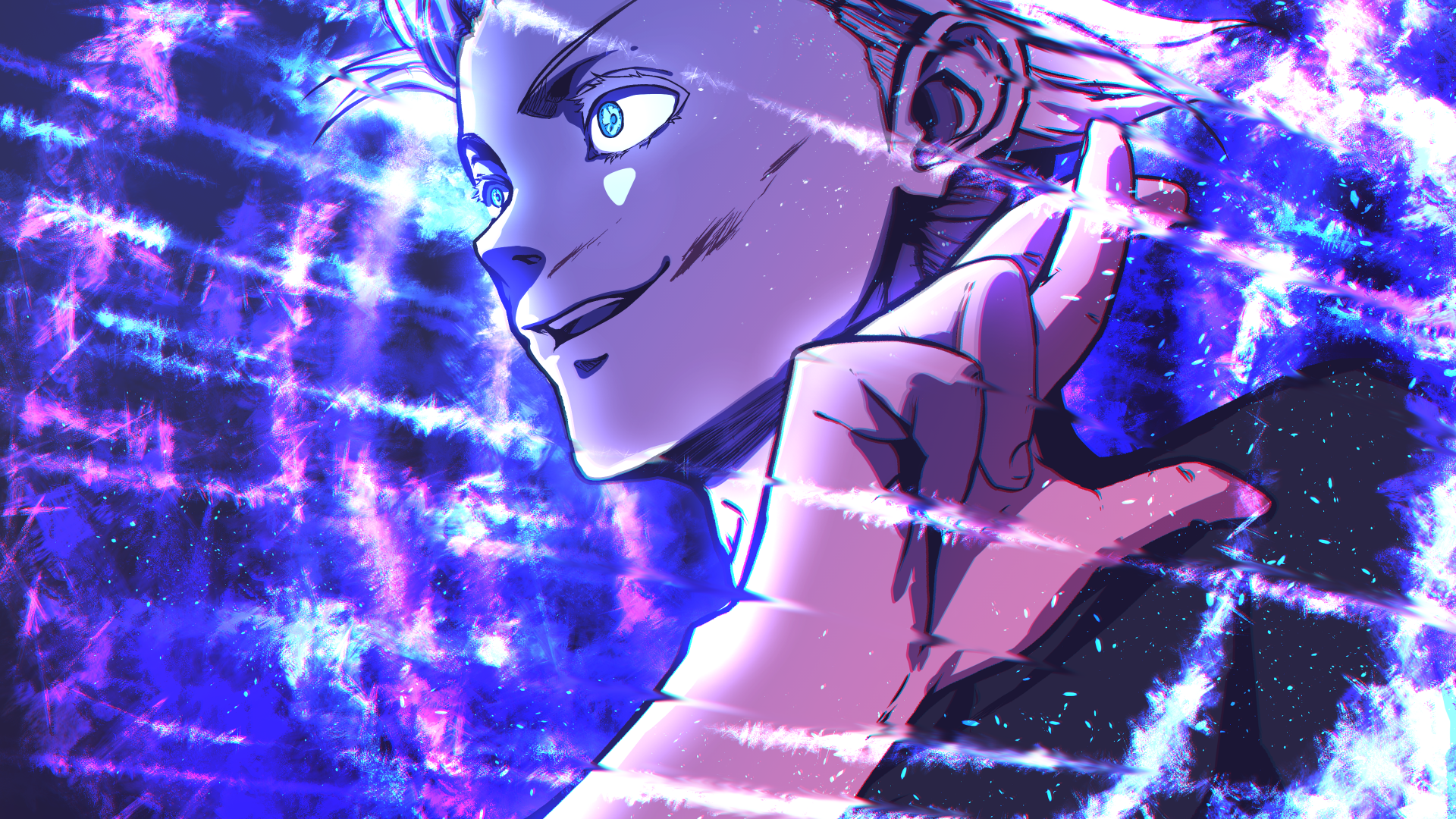 4K Ultra HD anime wallpaper featuring Satoru Gojo from Jujutsu Kaisen with vibrant blue and purple energy effects surrounding him.