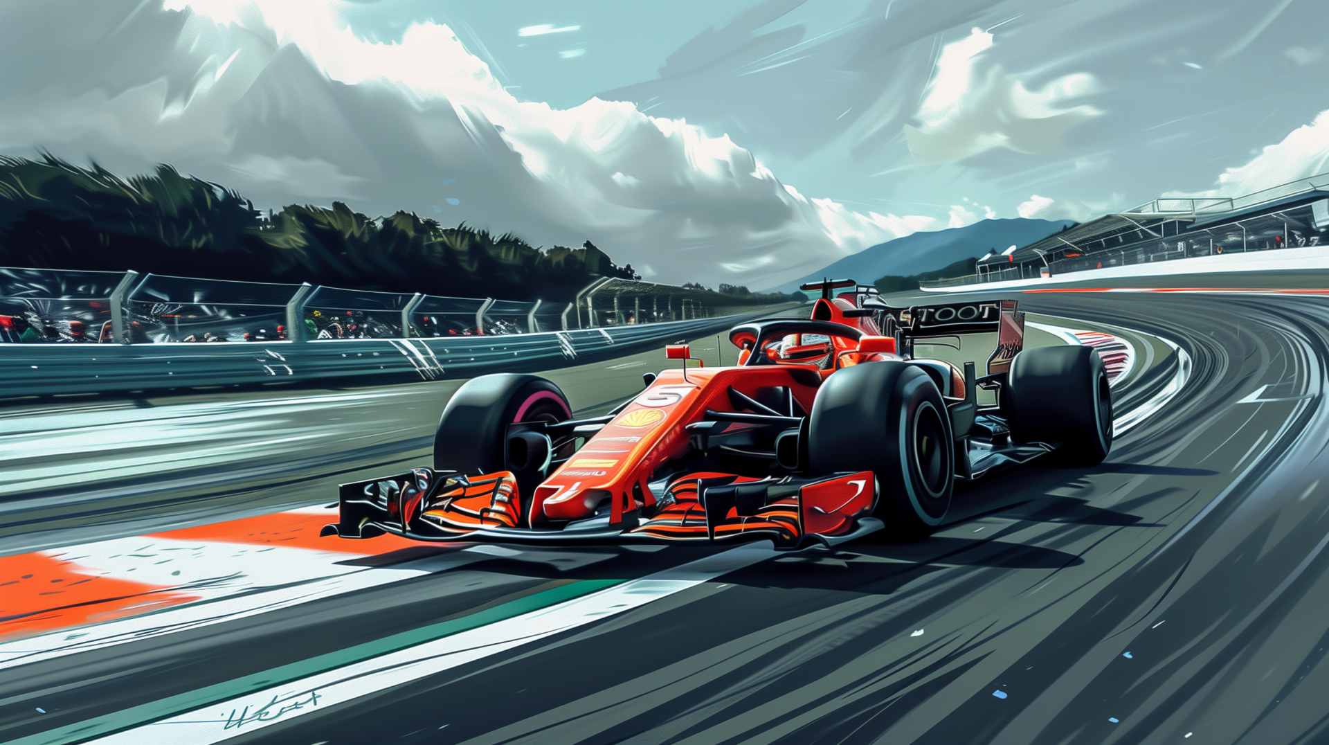 HD wallpaper of a Formula 1 car racing on a track with dynamic skies and vivid track details, capturing the essence of motorsport.