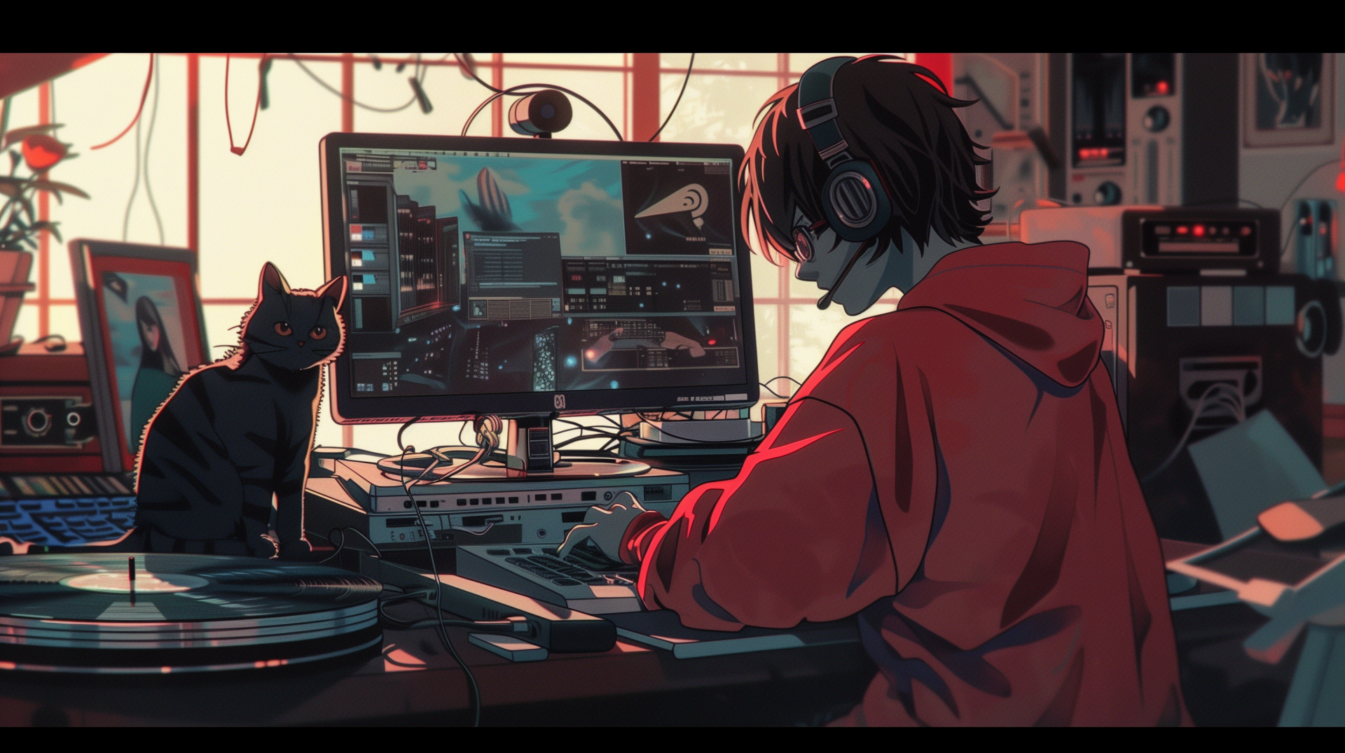 Anime-style illustration of a person in a red hoodie using a computer in a cluttered room, with a black cat sitting beside them. This is an HD desktop wallpaper with a lo-fi aesthetic.