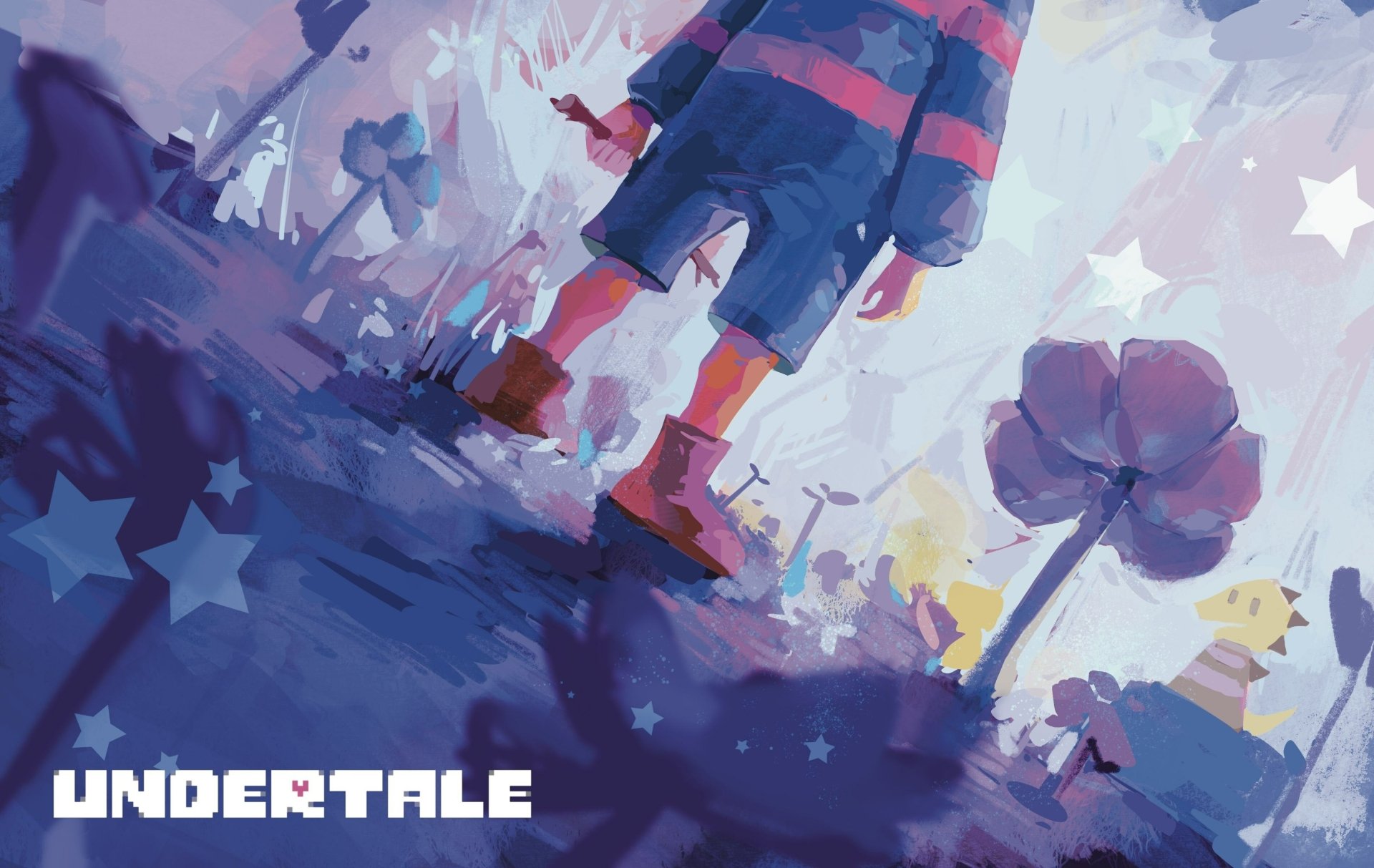 HD desktop wallpaper of Undertale featuring a stylized artistic scene with a character overlooking a vibrant landscape.