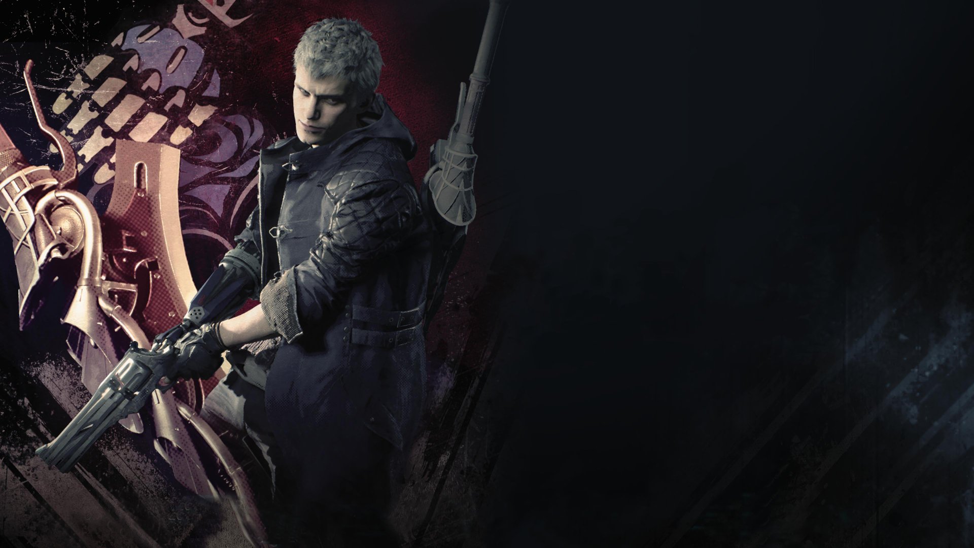 HD desktop wallpaper from Devil May Cry 5 featuring Nero holding a sword and gun, set against a dark, artistic background.