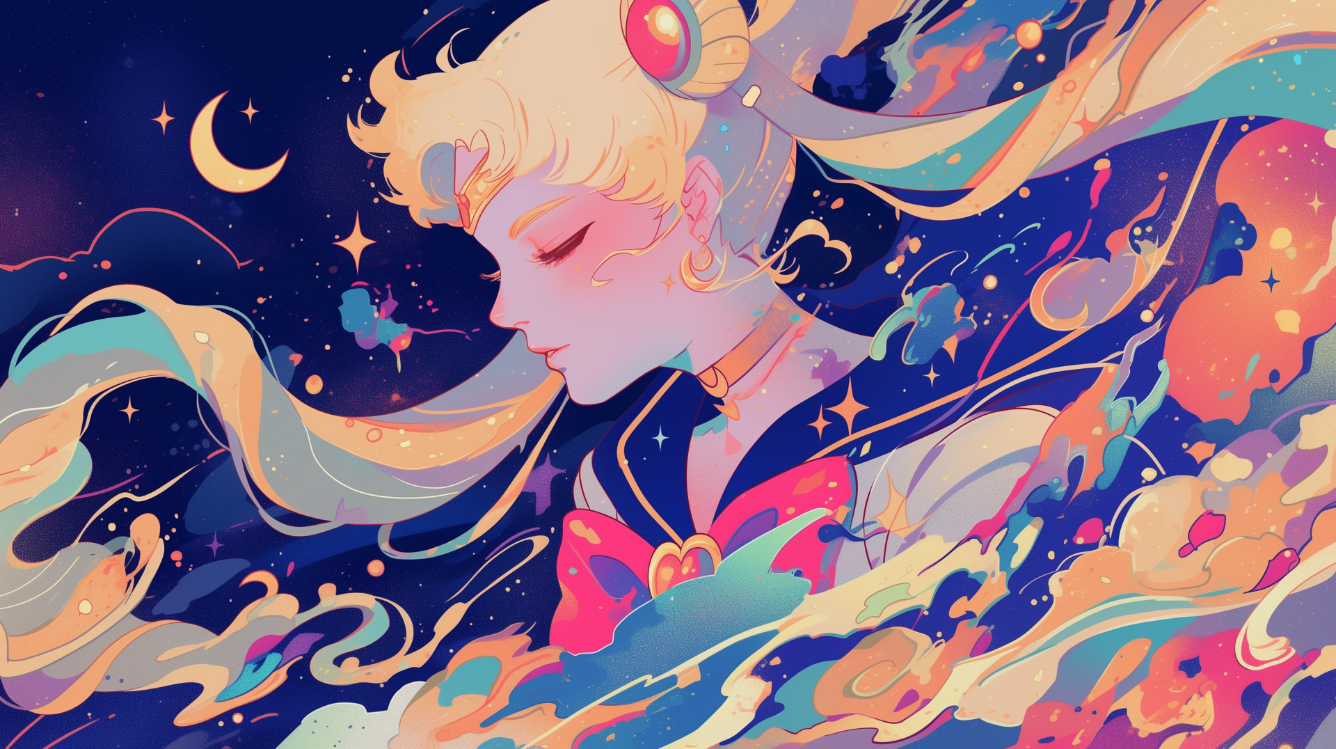 HD desktop wallpaper featuring a vibrant, artistic depiction of Usagi Tsukino from Sailor Moon, surrounded by cosmic swirls and celestial motifs.