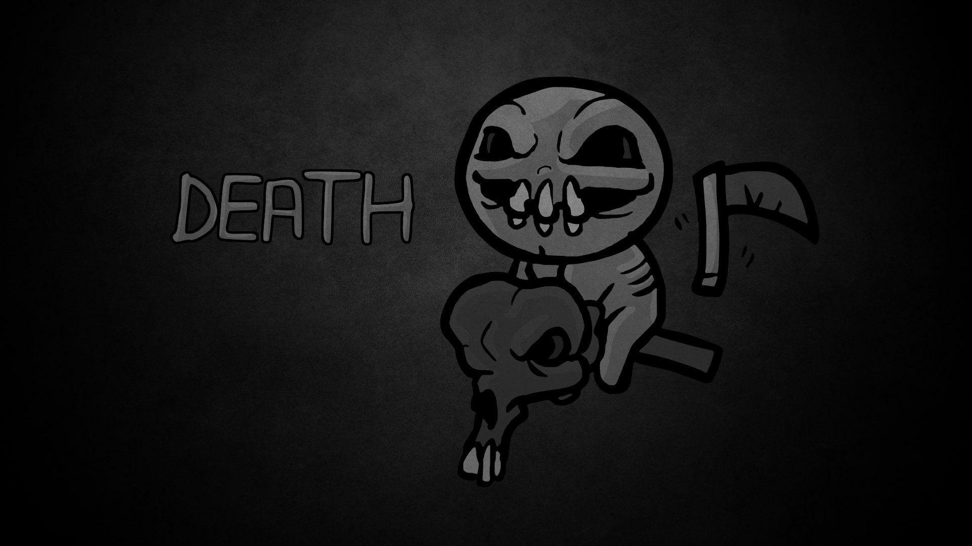 HD desktop wallpaper featuring the Death character from the video game The Binding of Isaac, depicted in a dark, stylized design on a textured grey background.