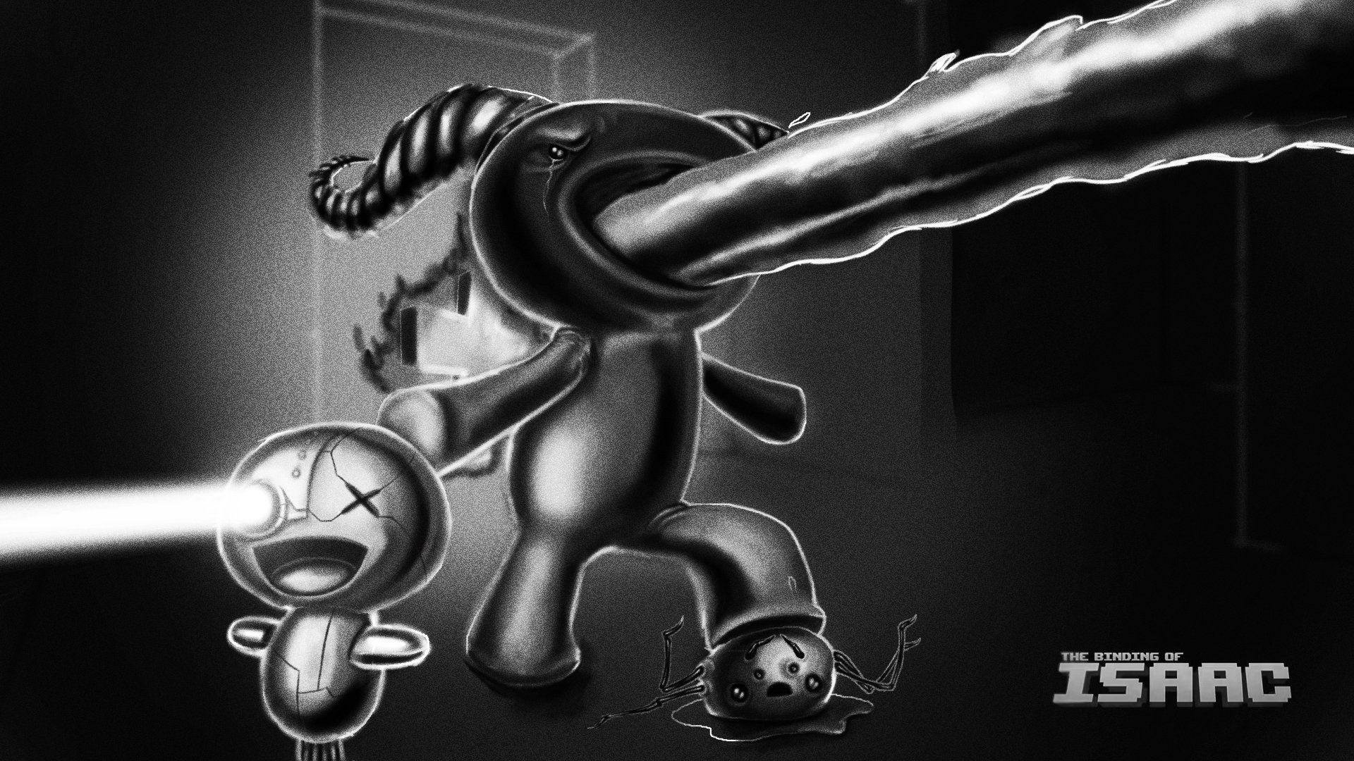 HD desktop wallpaper for The Binding of Isaac featuring a dramatic scene with Isaac and monsters in grayscale.