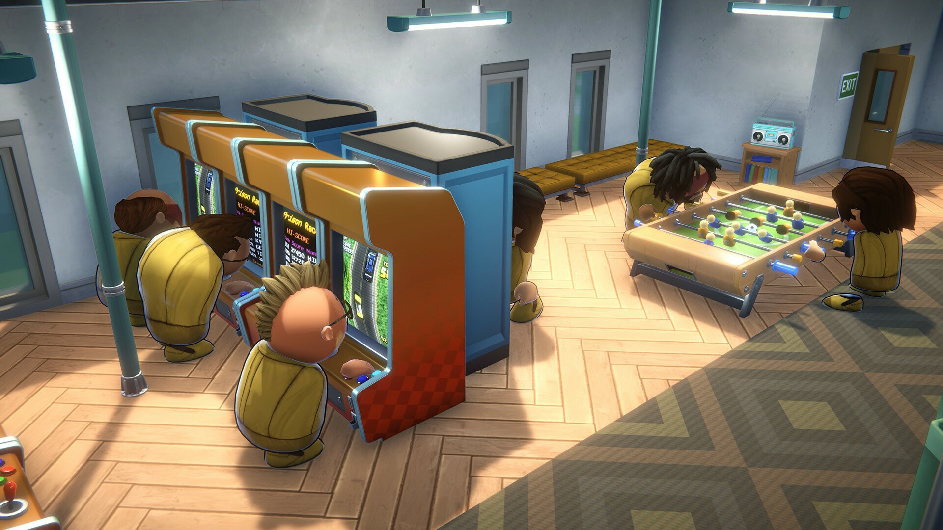 HD desktop wallpaper from Prison Architect 2 featuring in-game characters in a prison recreation room with arcade machines and a foosball table.