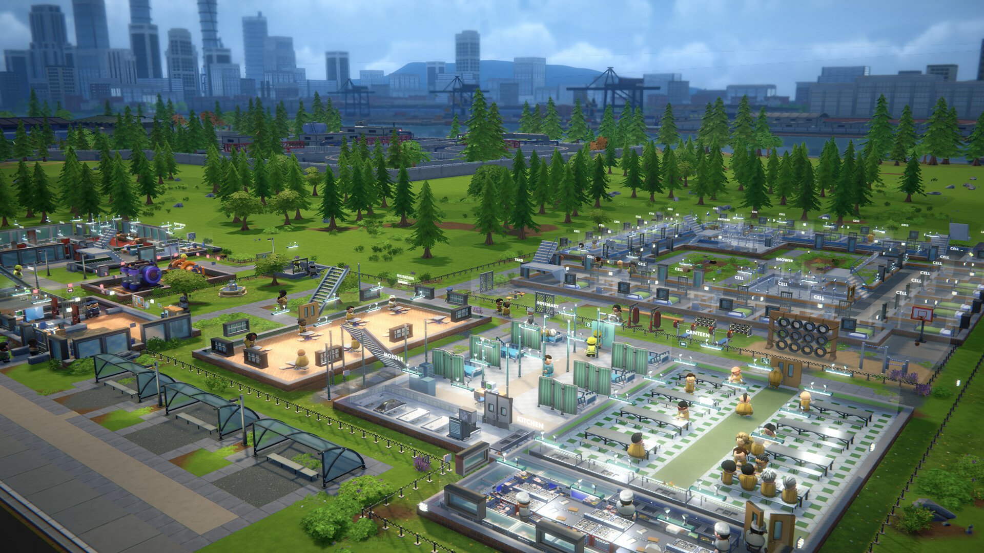 HD desktop wallpaper featuring a detailed scene from Prison Architect 2, showing a sprawling prison complex amidst a lush landscape.