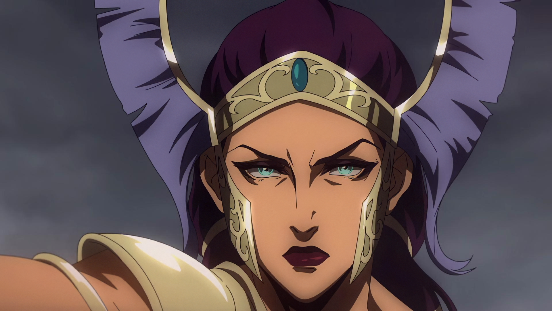 HD desktop wallpaper from Blood of Zeus featuring a close-up of an anime character with a determined expression and a majestic crown.