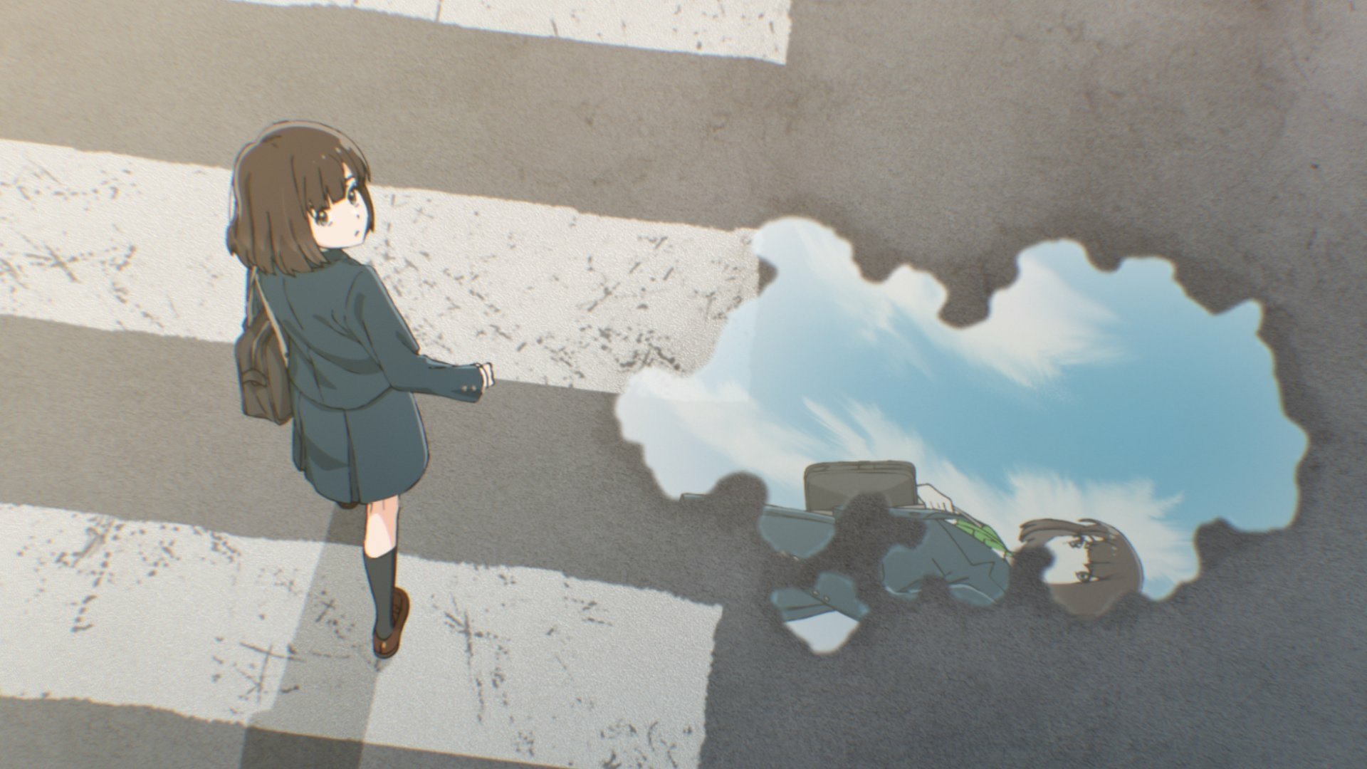 A girl stands on a crosswalk, glancing back at a puddle reflecting the sky, creatively blending anime elements with a trapezium design. HD desktop wallpaper.
