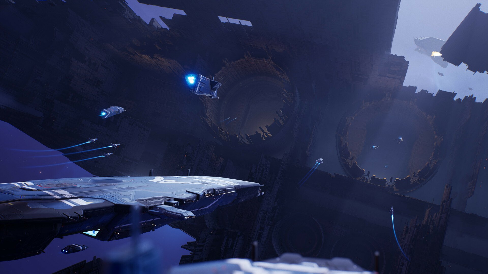 HD wallpaper from Homeworld 3 featuring futuristic spaceships navigating through an ominous, dark space environment.