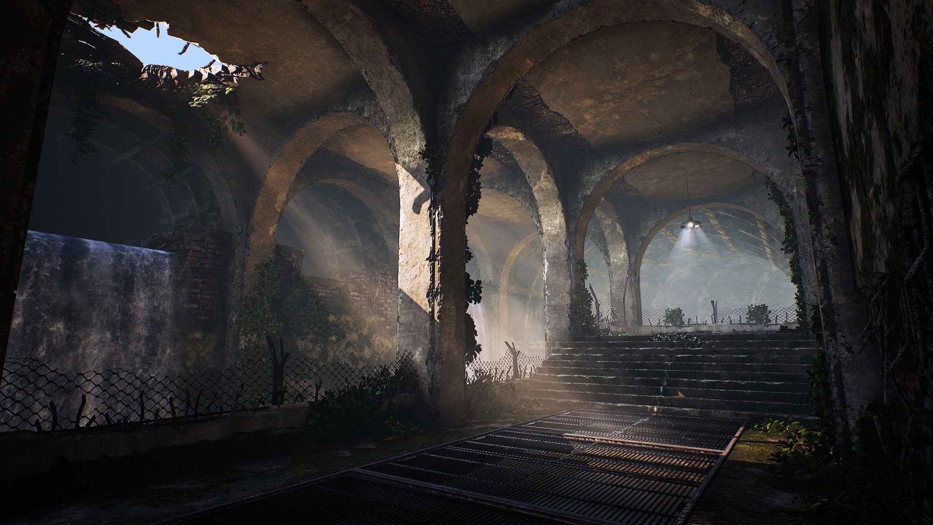 HD wallpaper of a mysterious, ancient hall with arched ceilings and overgrown foliage from the video game Biomutant.