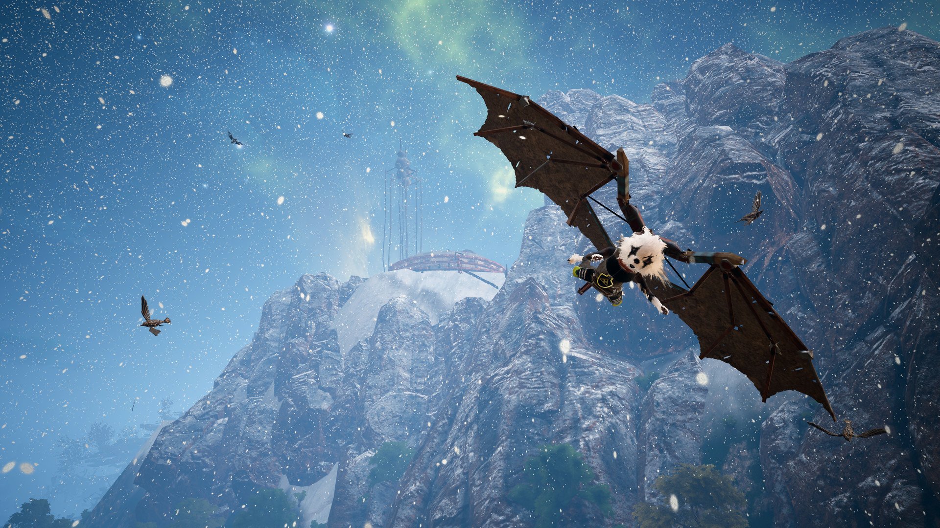 HD wallpaper from the video game Biomutant featuring a character flying on a bat-like creature over snowy mountain peaks.