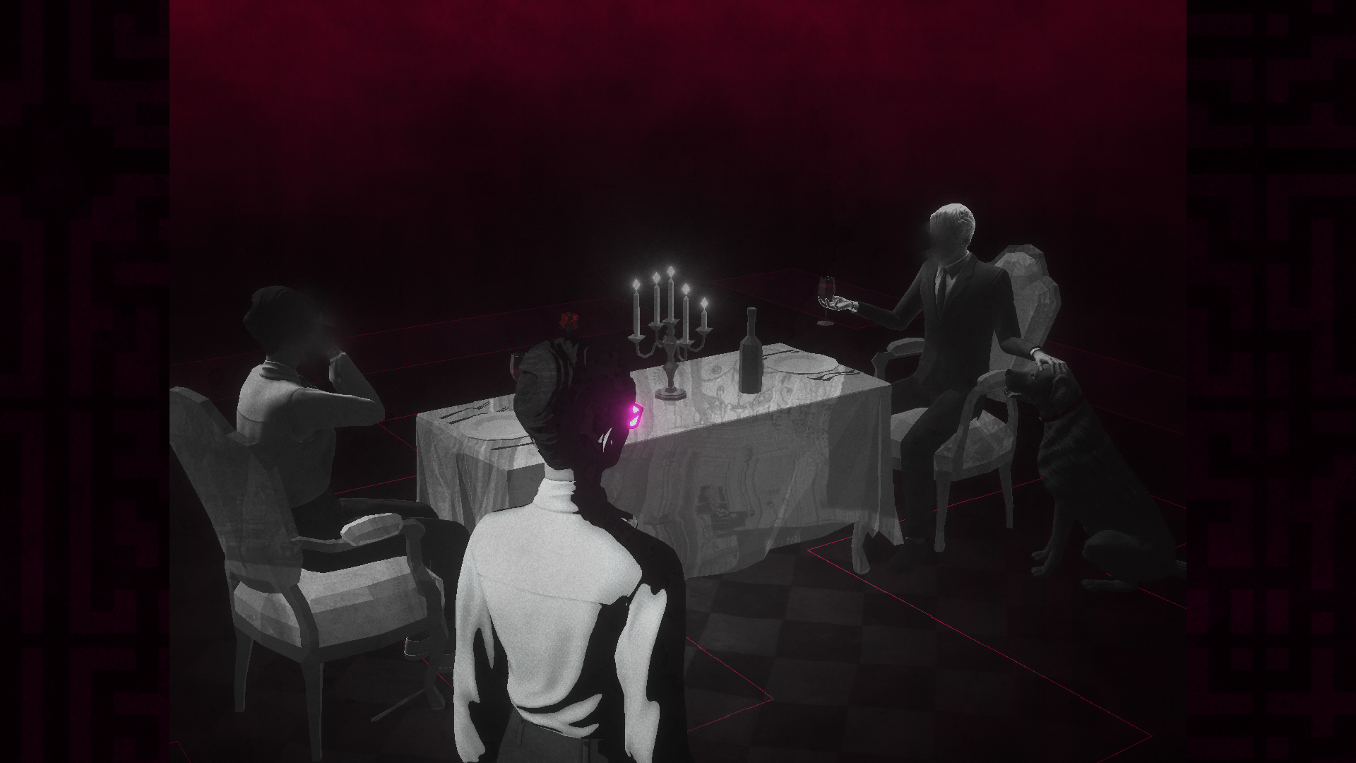 HD desktop wallpaper from Lorelei and the Laser Eyes, featuring a mysterious dinner scene with individuals around a table in a dimly red-lit room.