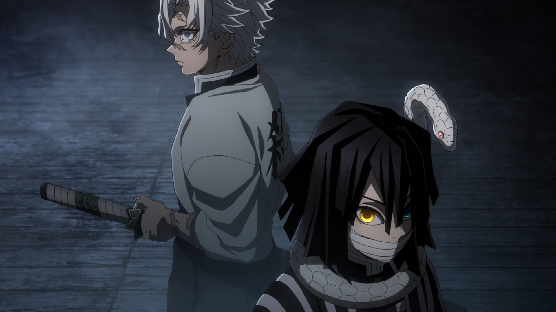 HD anime wallpaper featuring Sanemi Shinazugawa and Obanai Iguro from Demon Slayer: Kimetsu no Yaiba in a dark, atmospheric setting.