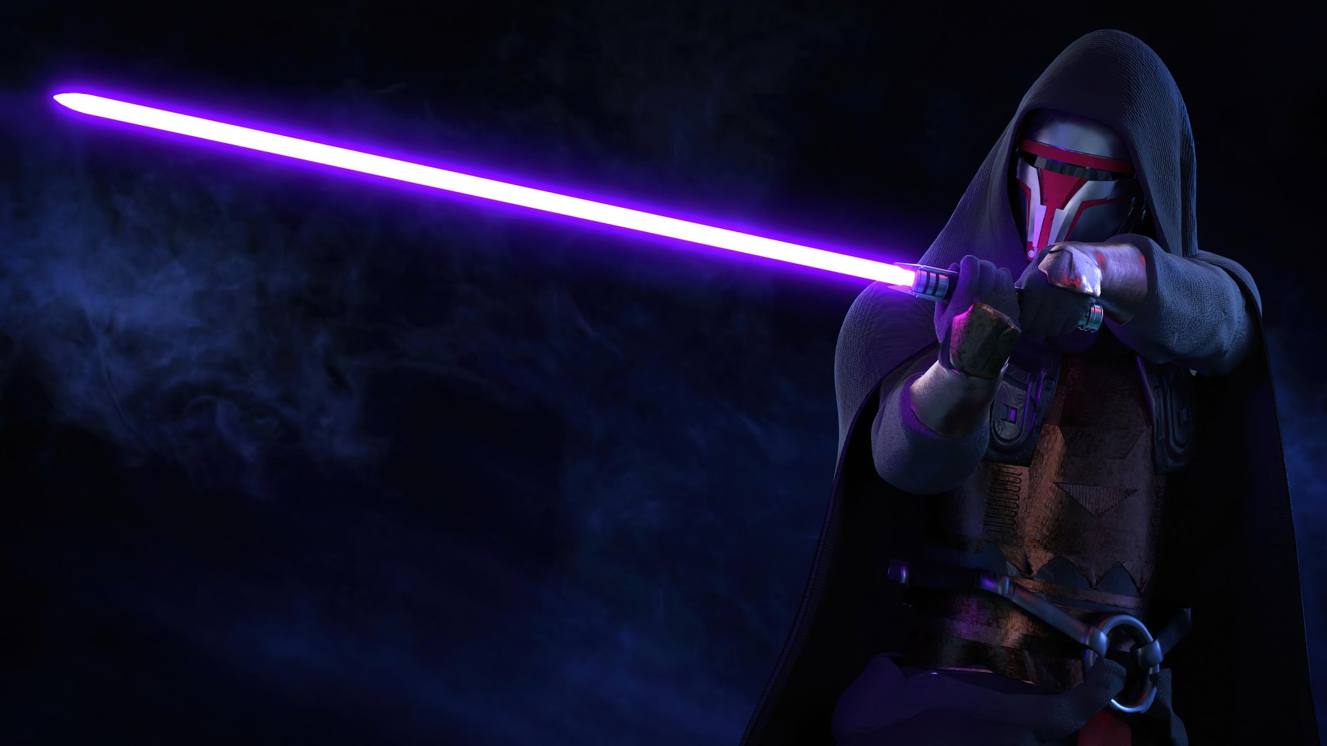 HD desktop wallpaper of Darth Revan from Star Wars: Knights of the Old Republic, wielding a purple lightsaber against a dark, smoky backdrop.