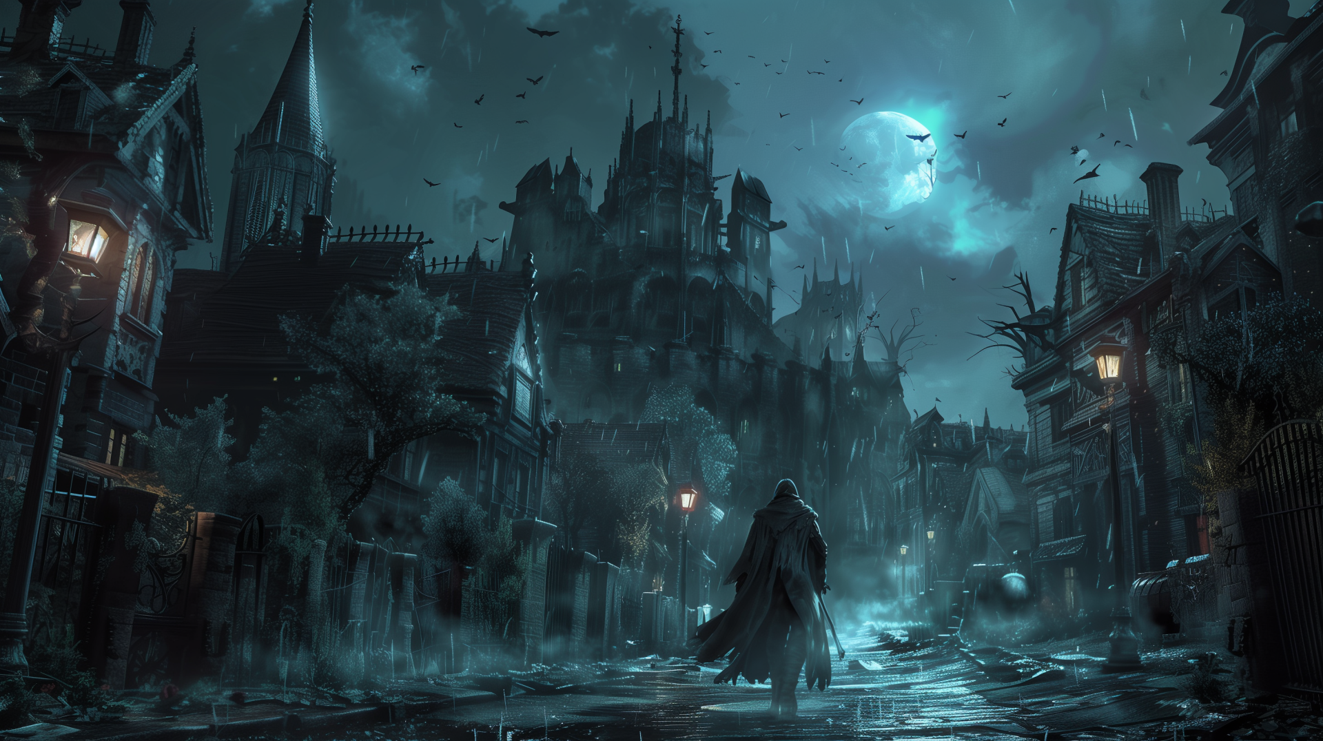A gothic town from the video game Bloodborne with dark, eerie streets and a towering, ominous castle under a full moon. This HD desktop wallpaper and background captures a haunting, atmospheric scene.