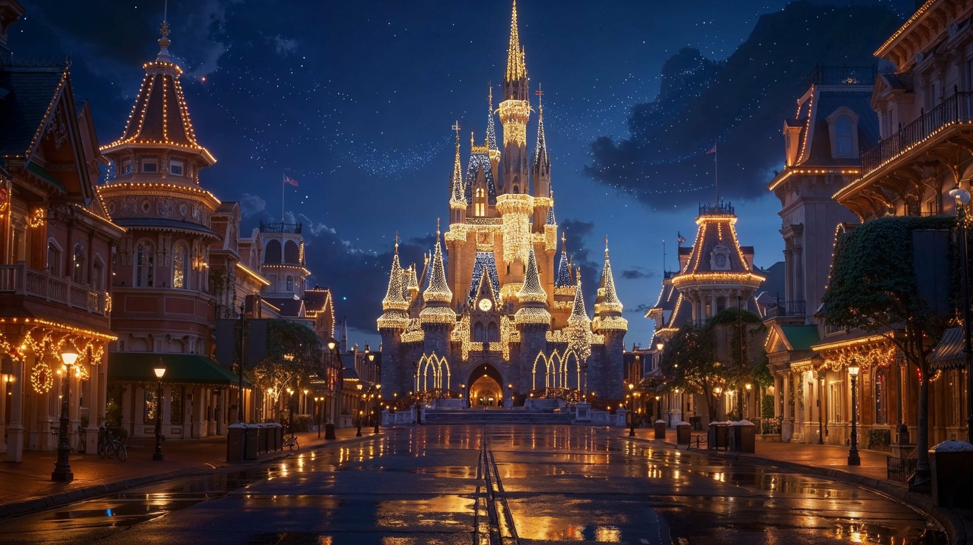 HD desktop wallpaper of Walt Disney World's Cinderella Castle illuminated at night, reflecting on a wet, empty street with surrounding lit buildings, creating a magical ambiance.